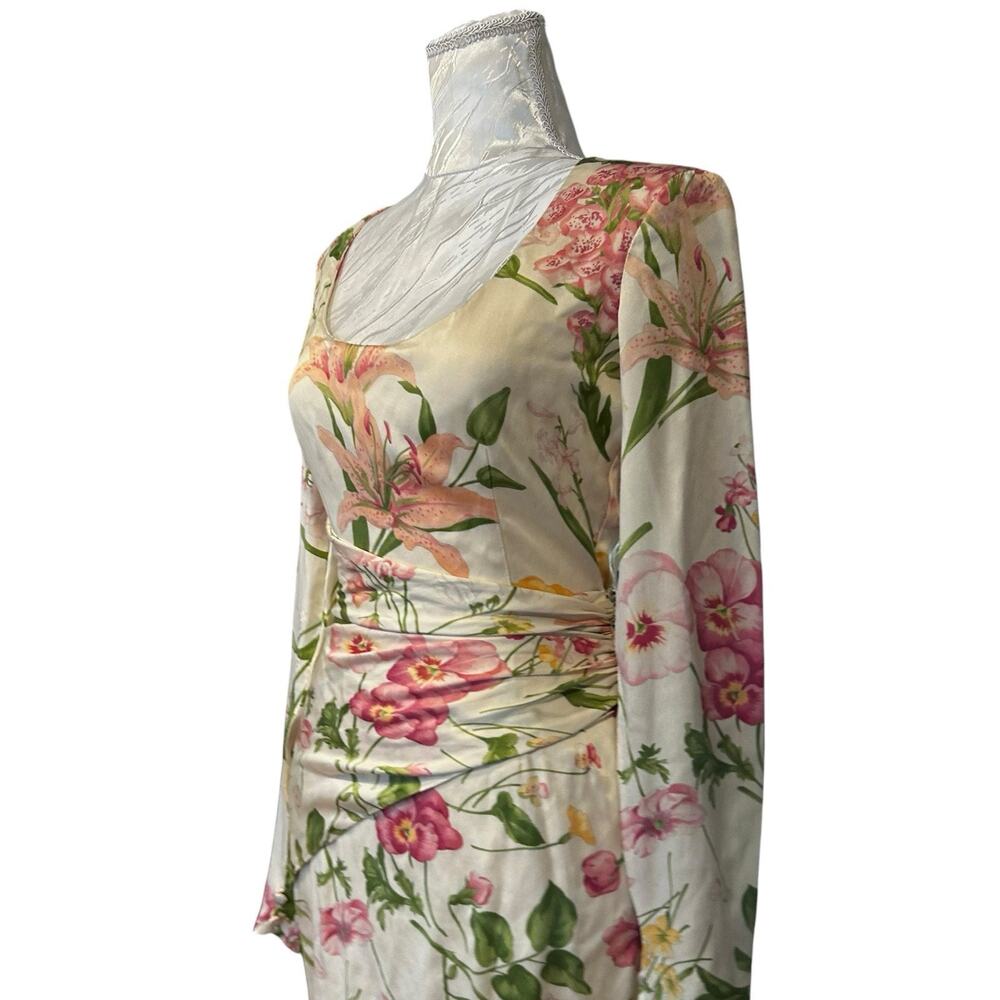 Bill Blass Vintage 80s Silk Floral Sheath Dress Ruched Waist Long Sleeve XS - Picture 13 of 13
